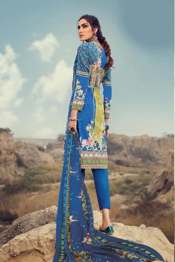 Lawn cotton pakistani style blue dress material for women - Stilento
