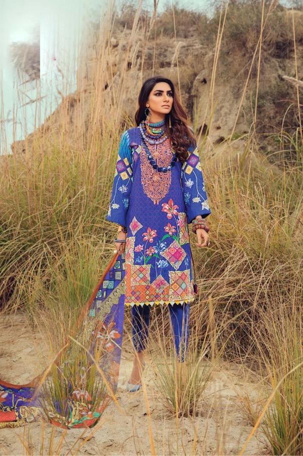 Lawn cotton Pakistani style dress material for women blue - Stilento