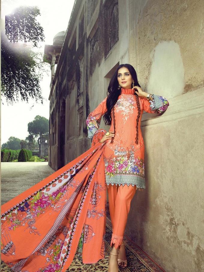 Lawn cotton pakistani style orange dress material for women - Stilento