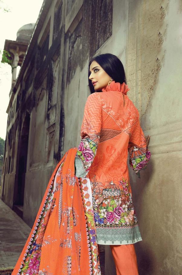 Lawn cotton pakistani style orange dress material for women - Stilento
