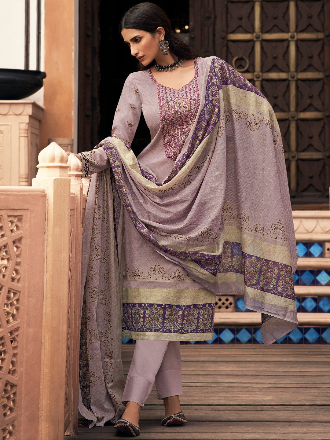Lawn Cotton Purple Unstitched Suit Material with Embroidery - Stilento