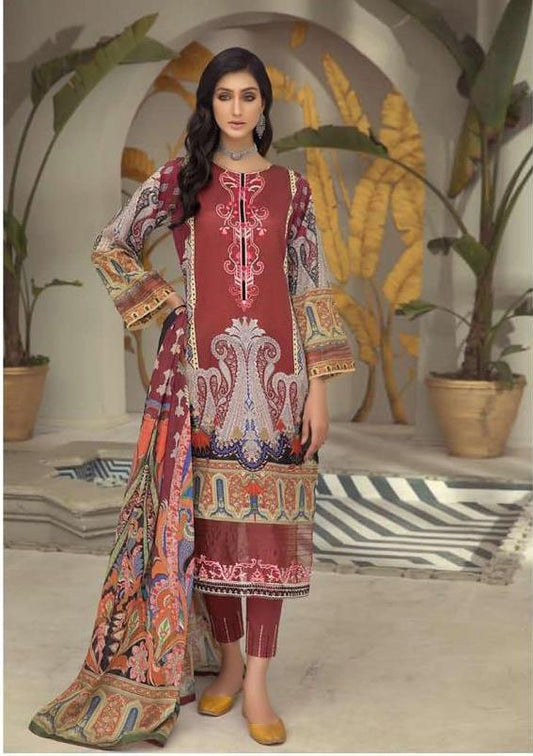 Lawn Cotton Unstitched Maroon Suit Dress Material for Women