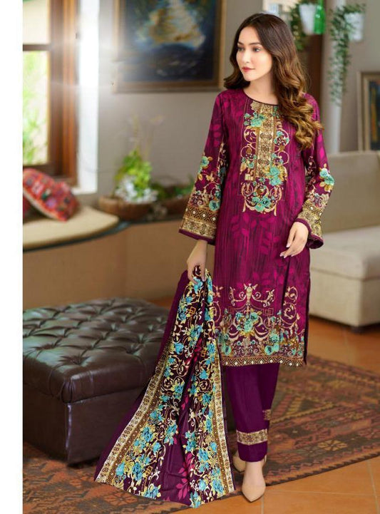 Lawn Cotton Women Unstitched Purple Pakistani Suits Dress Material