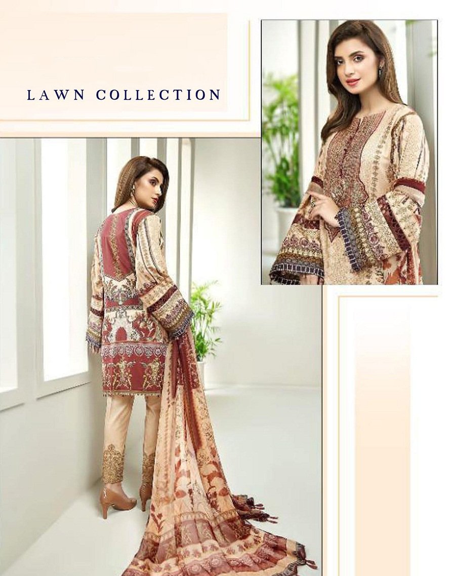 Light Brown Pakistani Lawn Cotton Unstitched Salwar Kameez Suit - Stilento