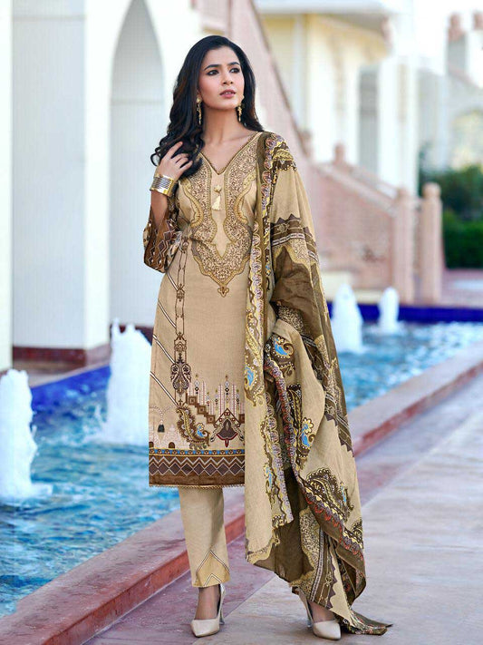 Light Brown Pakistani Style Lawn Cotton Suit Material for Women