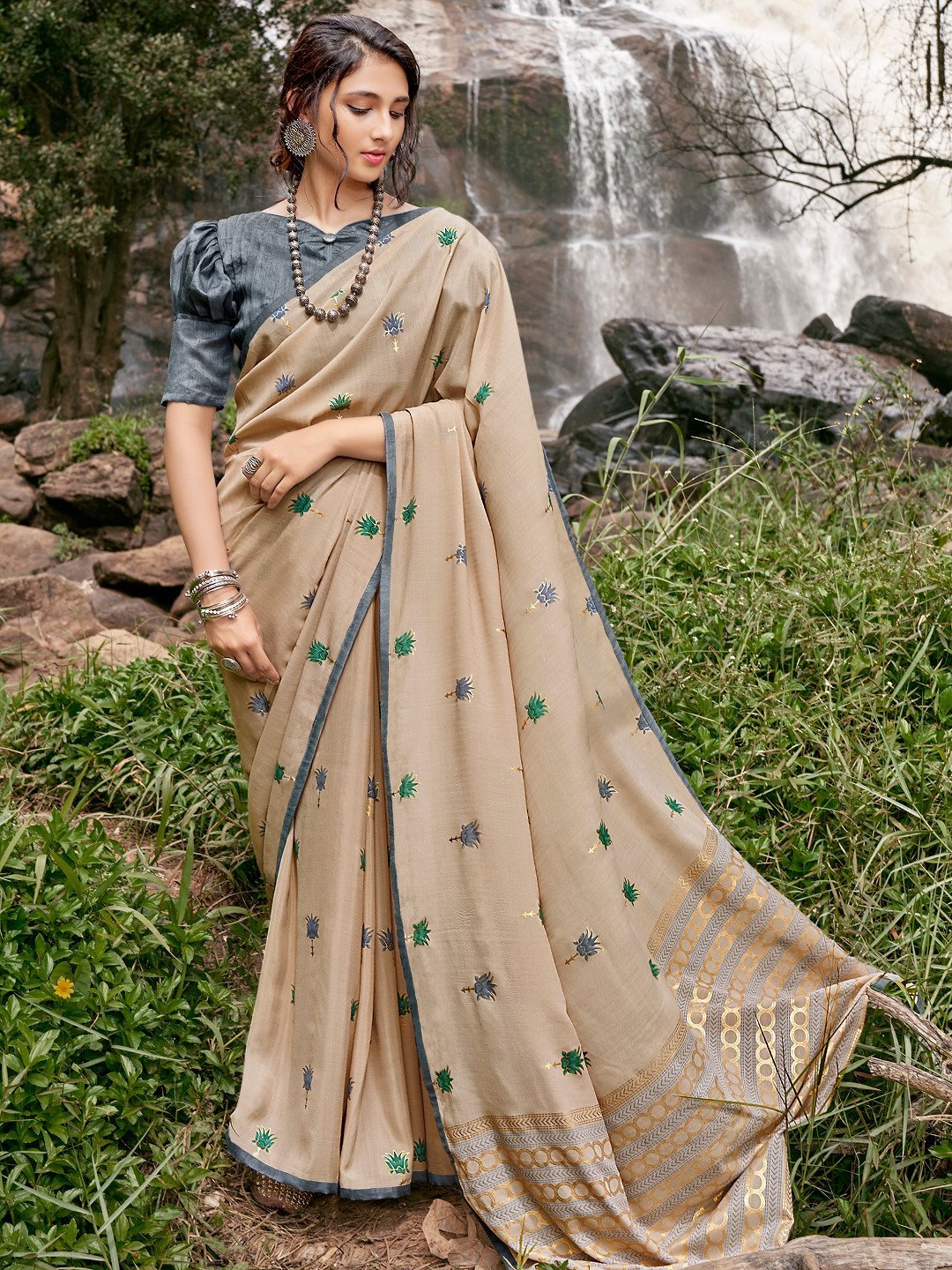 Light Brown Printed Chiffon Sarees for Women With Blouse - Stilento