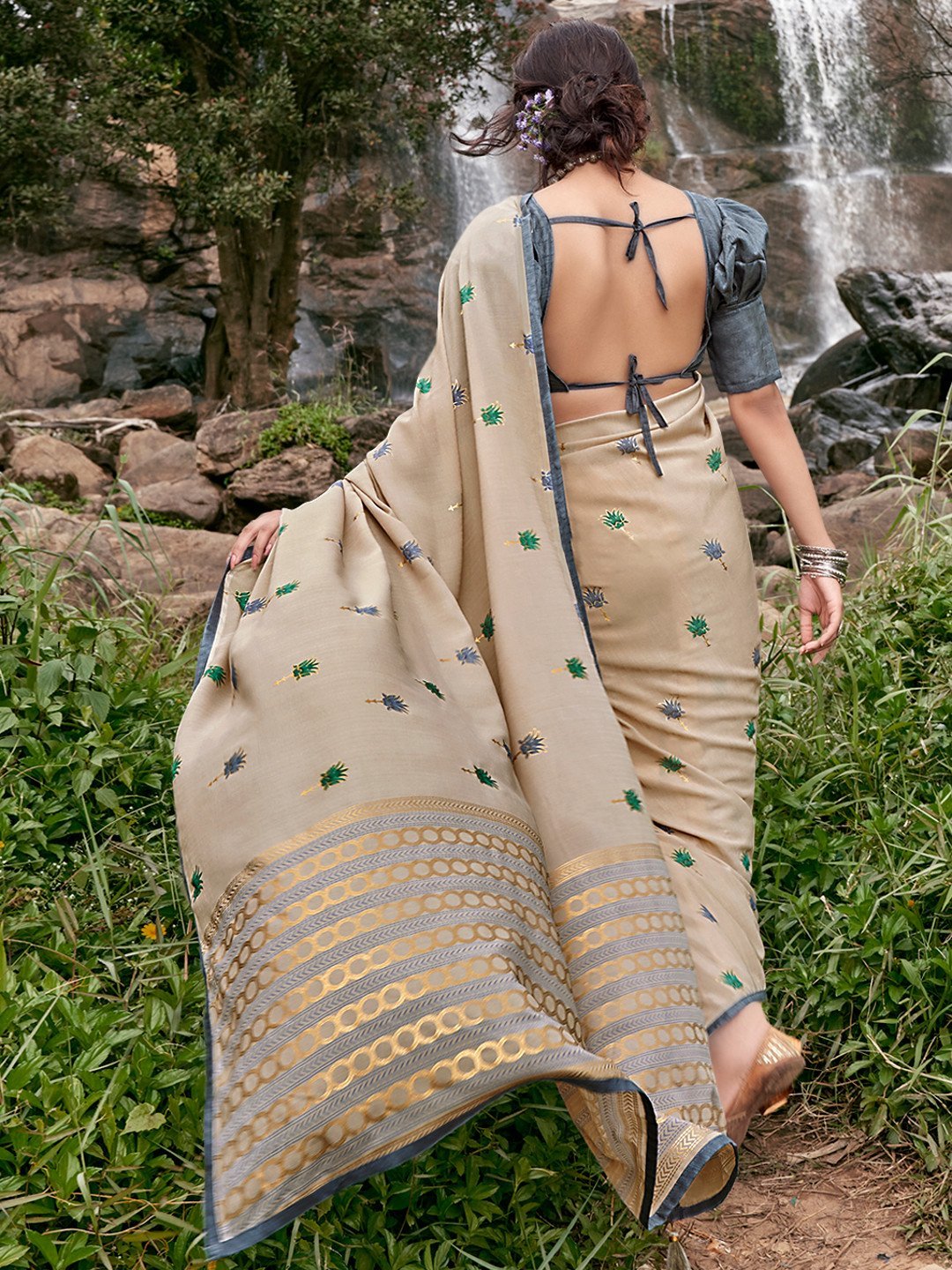 Light Brown Printed Chiffon Sarees for Women With Blouse