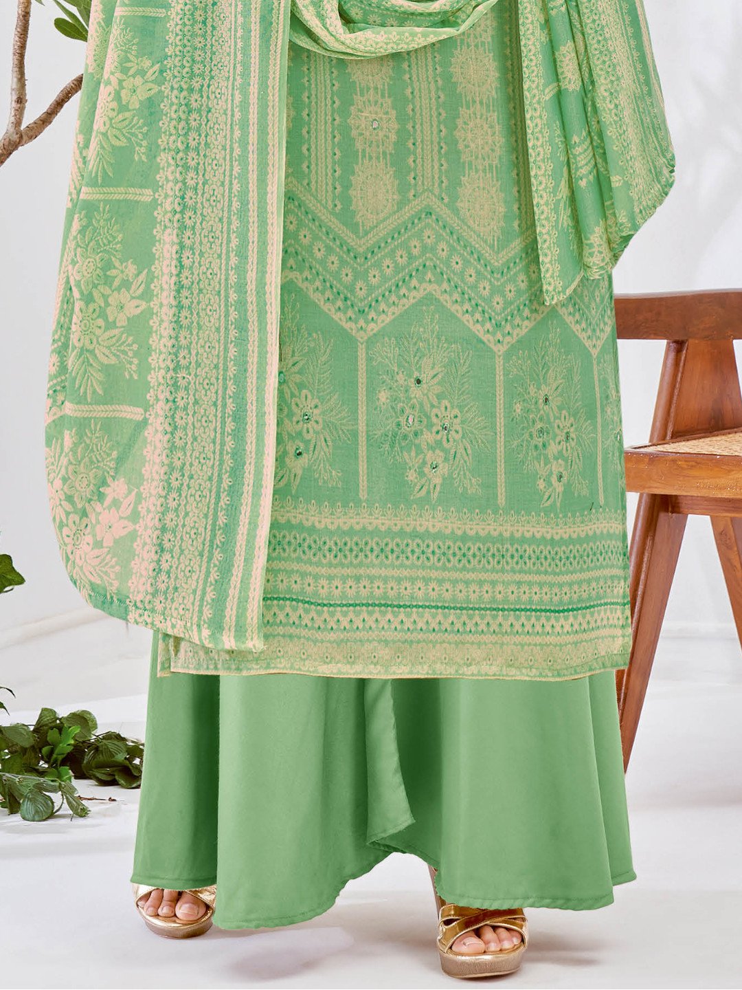 Light Green Printed Cotton Unstitched Suit Material - Stilento