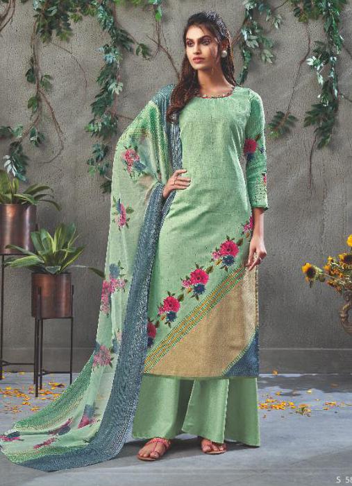Light Green Pure Cotton Printed Summer Suit Dress Material for women - Stilento