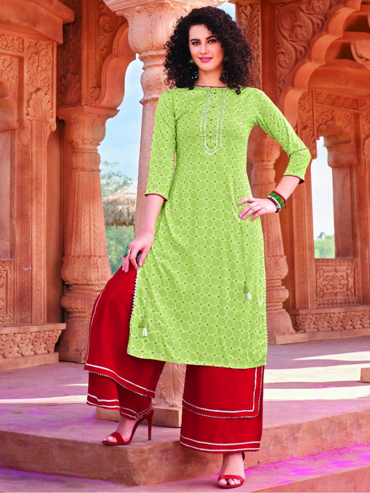 Light Green Rayon Cotton Kurta with Palazzo - Stilento