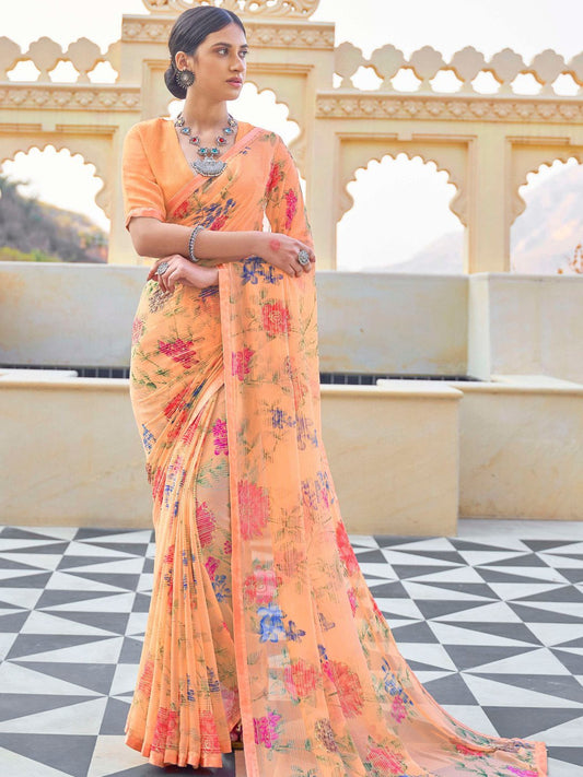 Light Orange Georgette Printed Saree with Lace - Stilento