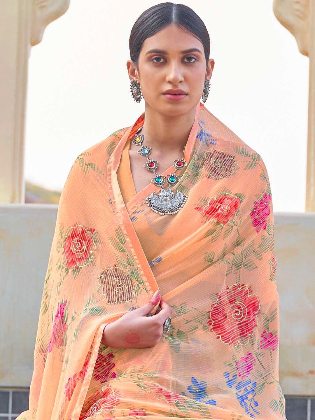 Light Orange Georgette Printed Saree with Lace