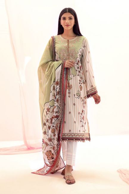 Lime Green Printed Lawn Pakistani Suit Set With Embroidery - Stilento