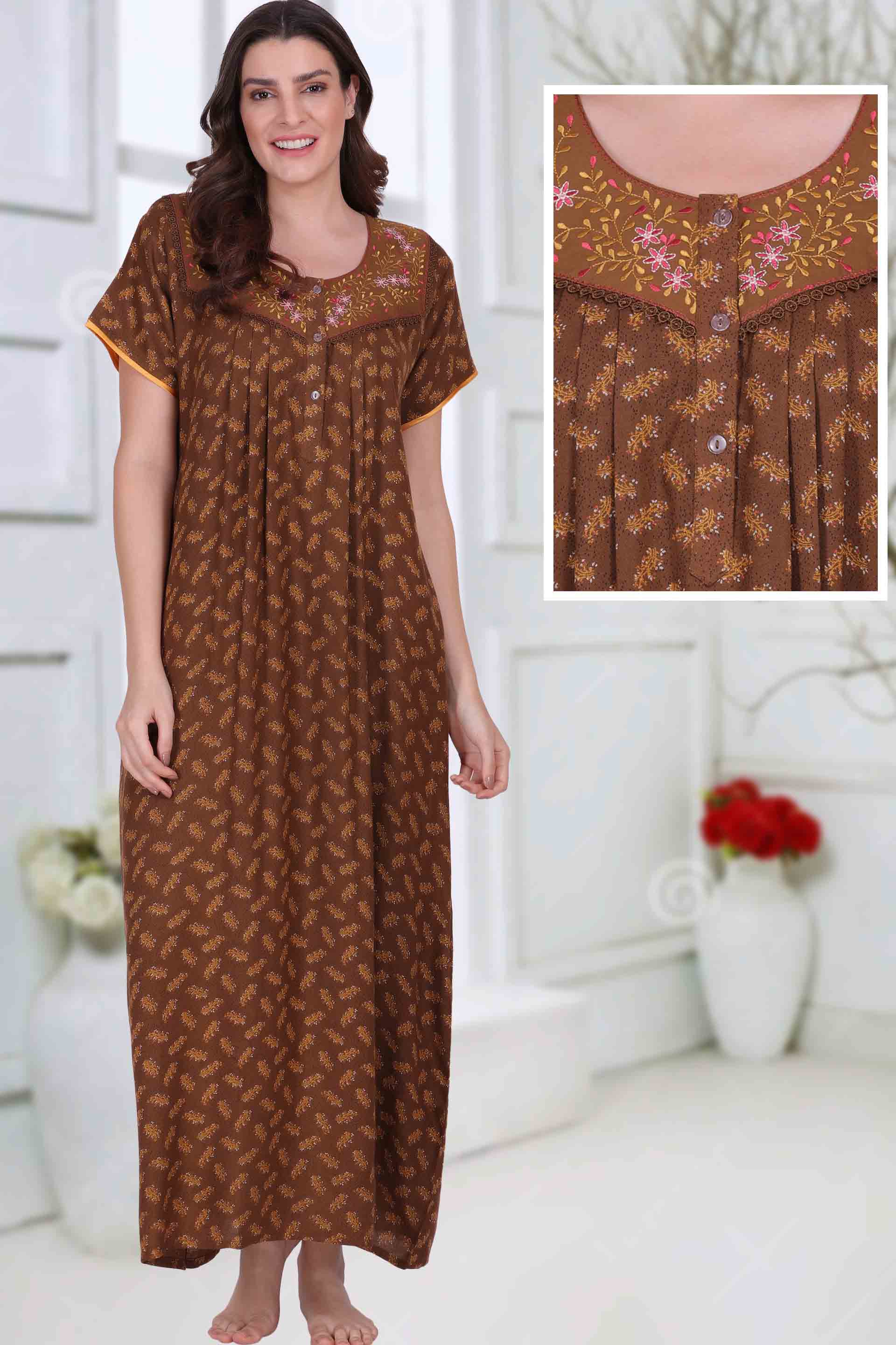 Long Brown Nighty for Woman with Embroidery - Stilento