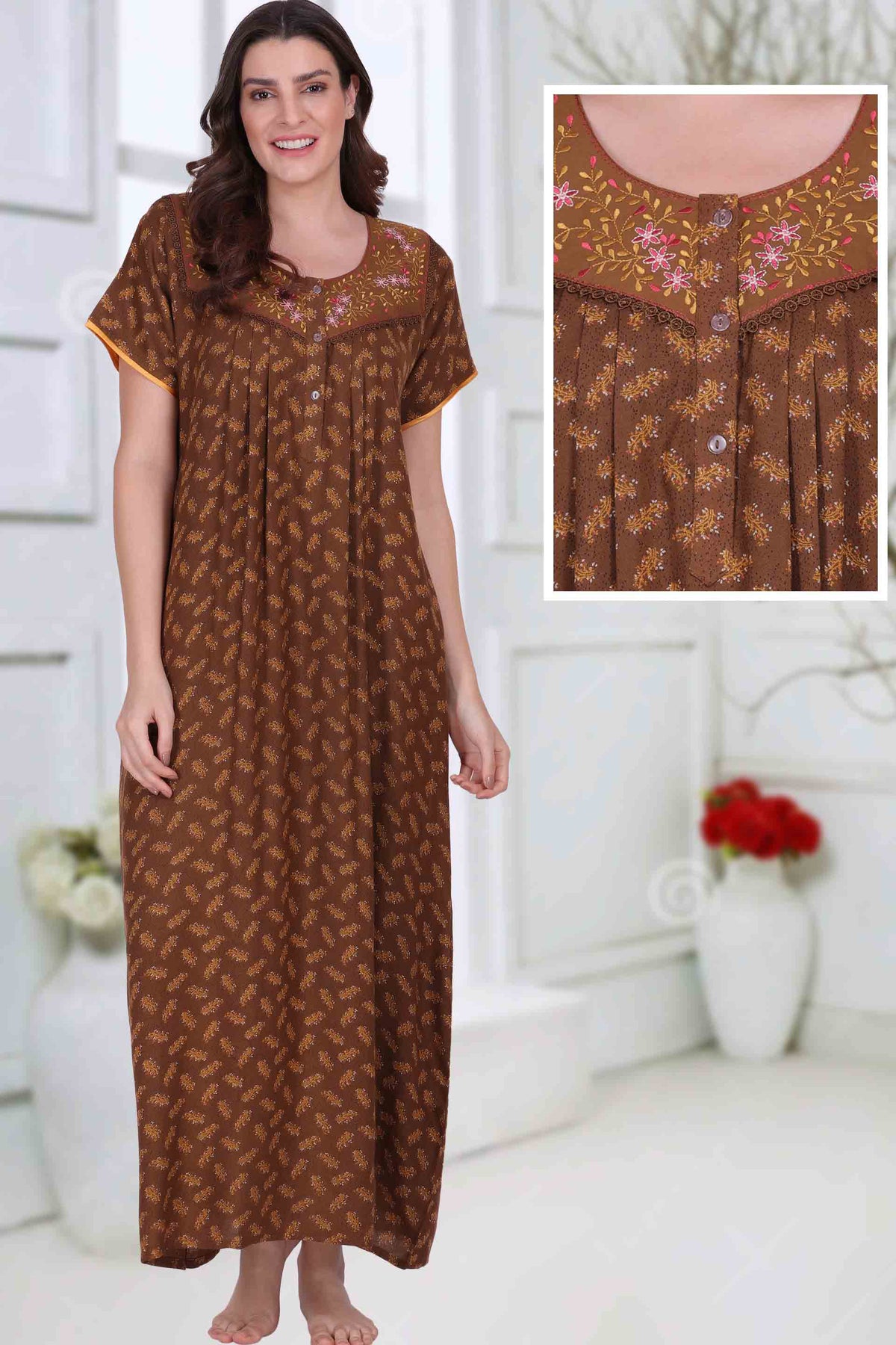 Long Brown Nighty for Woman with Embroidery