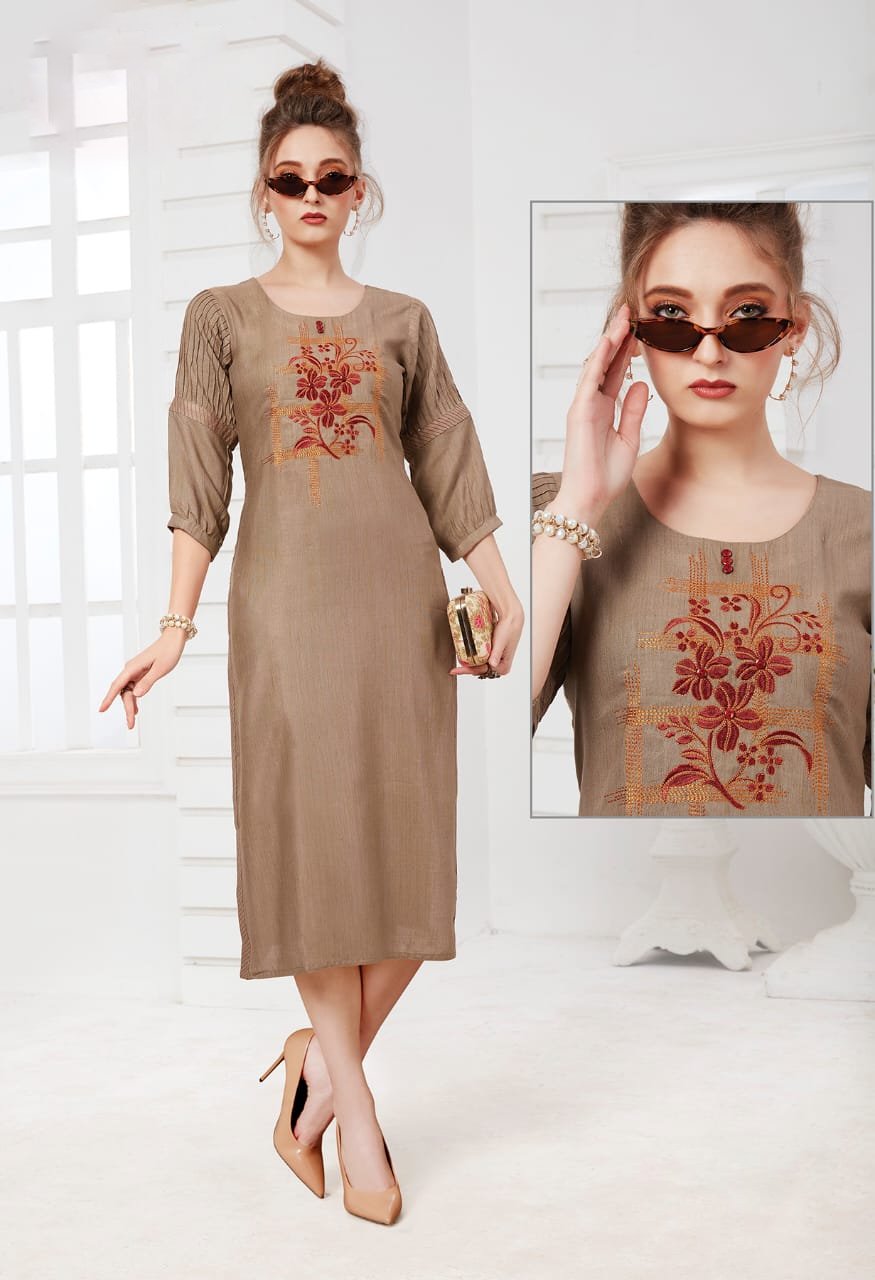 Long Embroidered Brown Straight Kurti