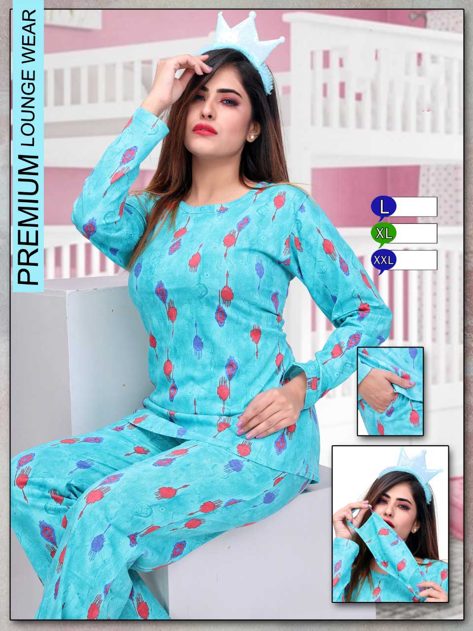 Long Top Full Sleeves Blue Cotton Night Suit for ladies - Stilento
