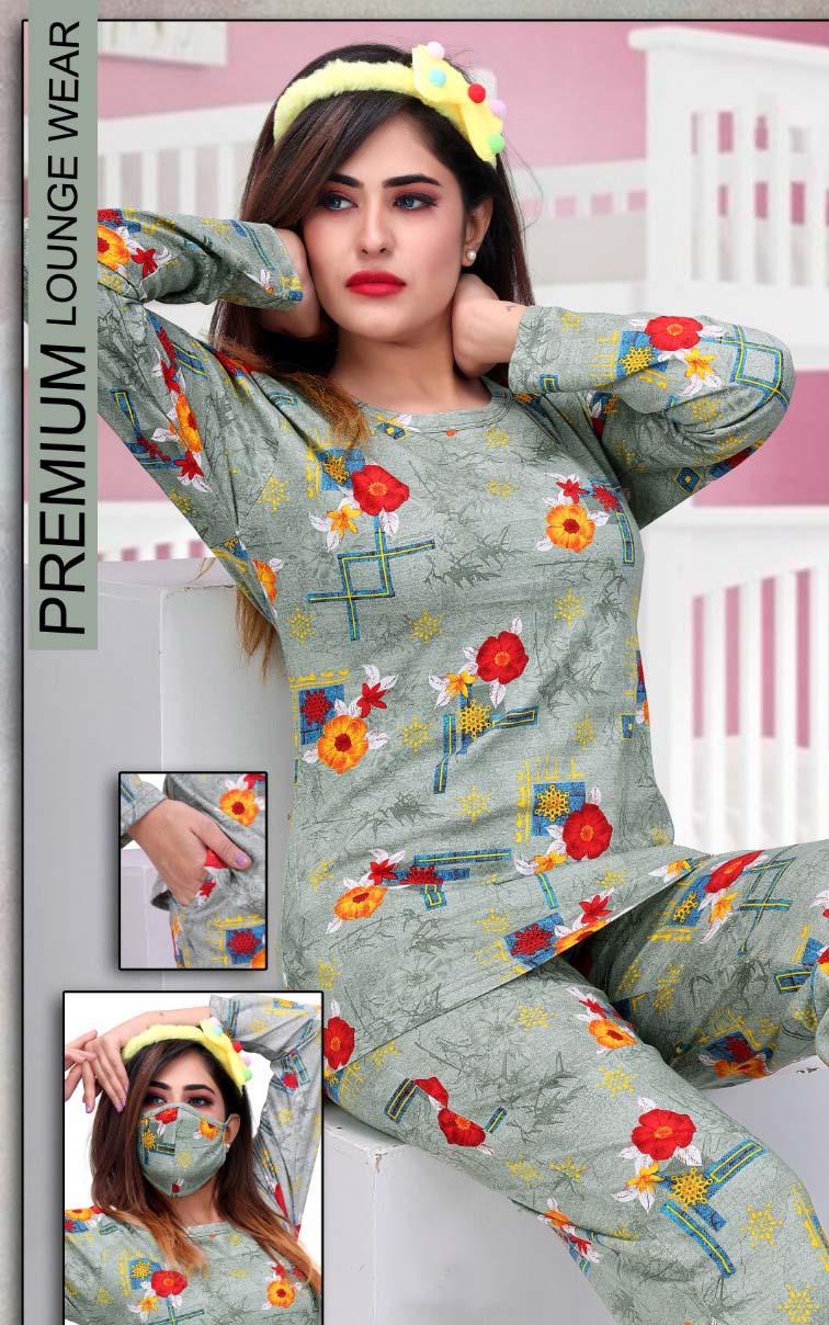 Long Top Full Sleeves Green Cotton Night Suit for ladies - Stilento