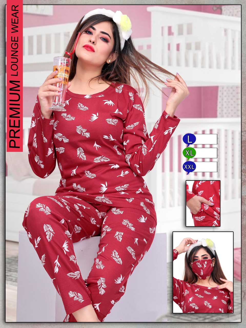 Long Top Full Sleeves Maroon Cotton Night Suit for ladies - Stilento