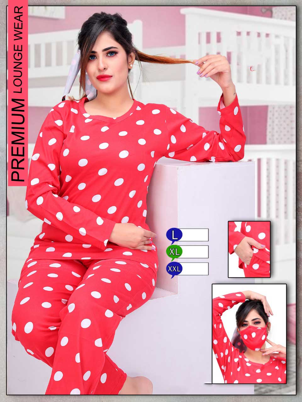 Long Top Full Sleeves Red Cotton Night Suit for ladies - Stilento
