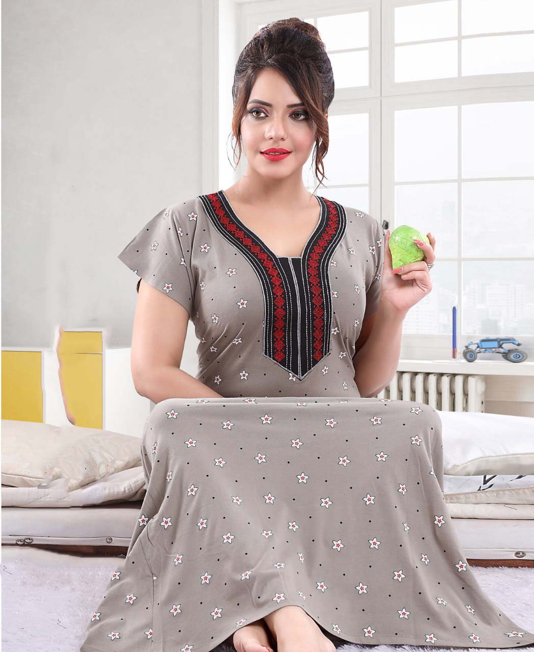 Long Women Cotton Nighty Night Wear with Embroidery for Ladies