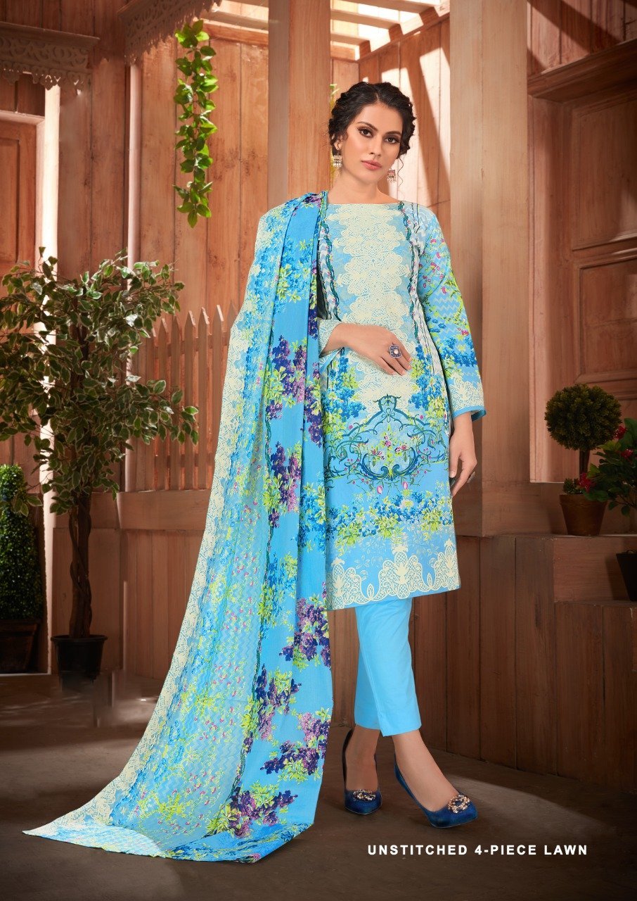 Luxury Lawn Cotton Blue Unstitched Cotton Suits for Women - Stilento