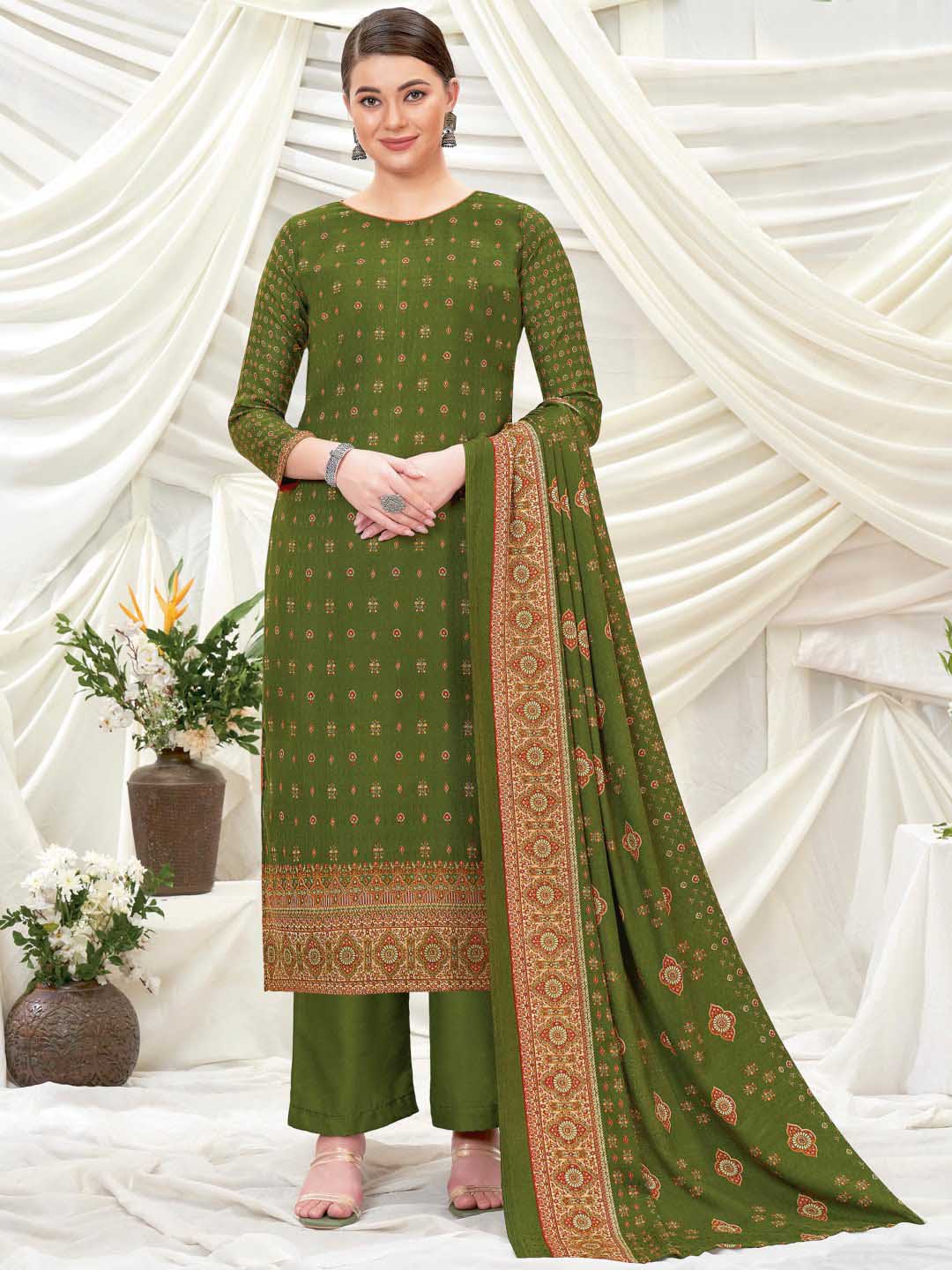 Wool Pashmina Mehandi Green Printed Unstitched Suit Set - Stilento