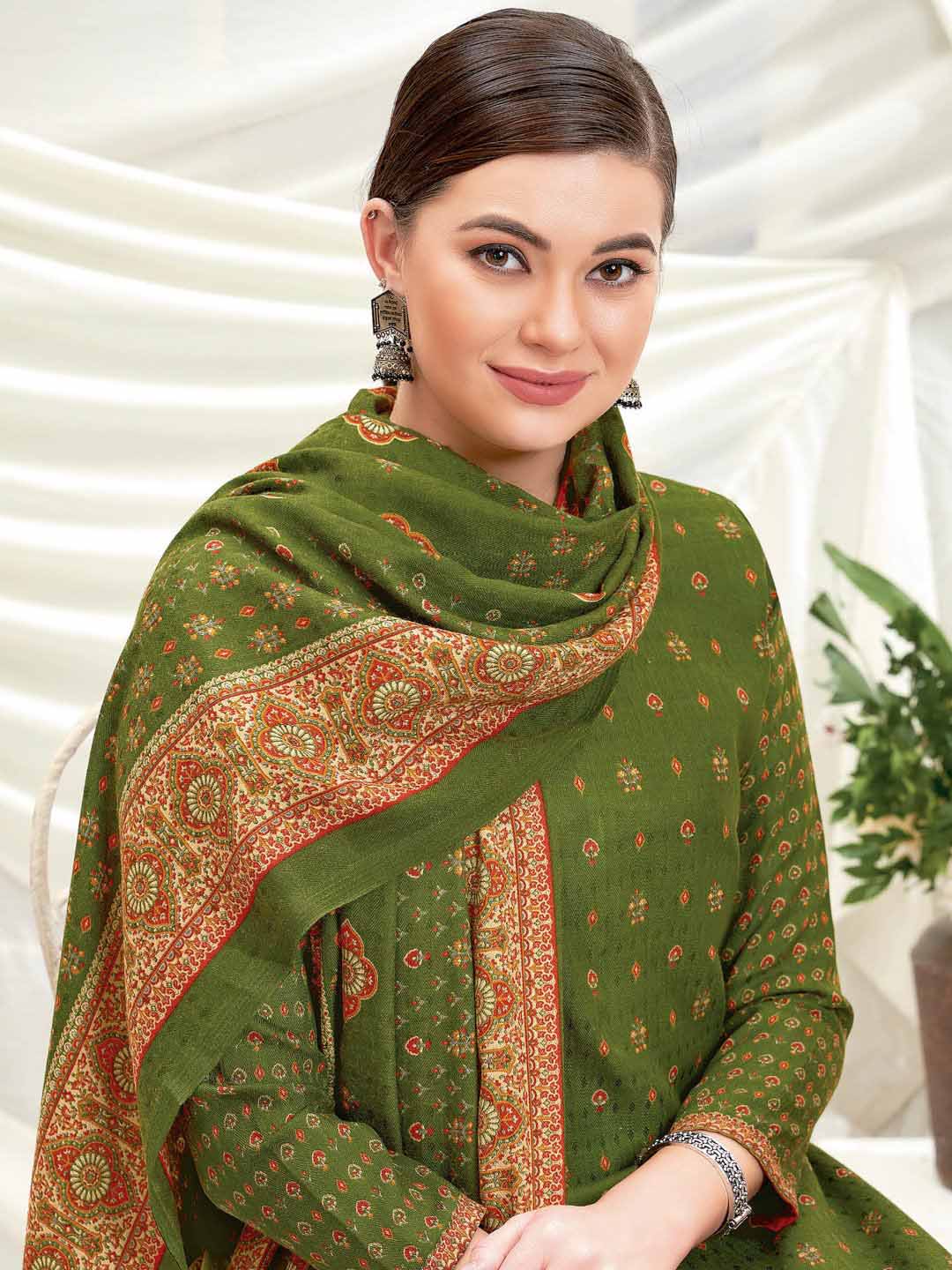 Wool Pashmina Mehandi Green Printed Unstitched Suit Set - Stilento