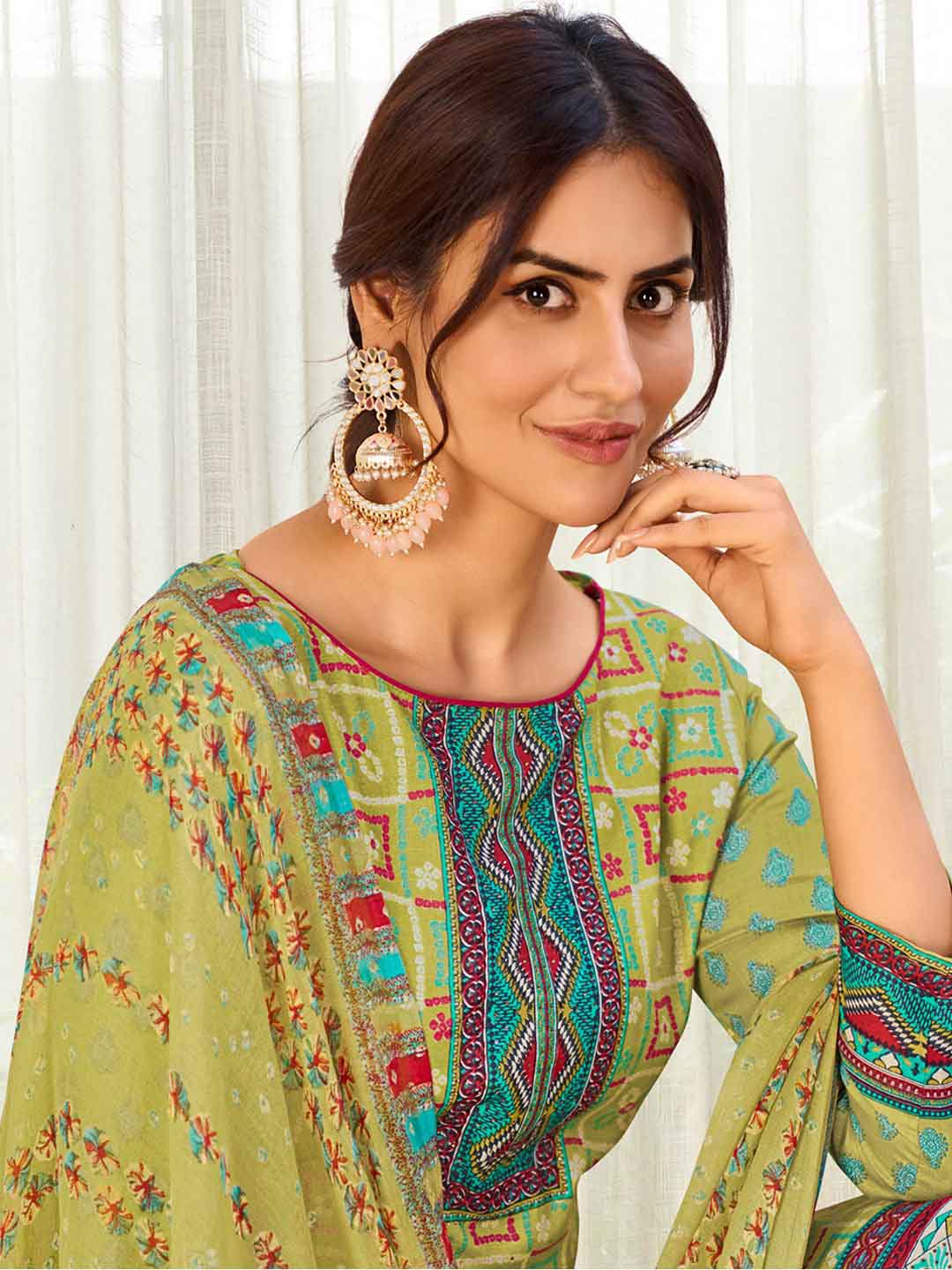 Unstitched Green Cotton Printed Suit Materials for Women with Dupatta