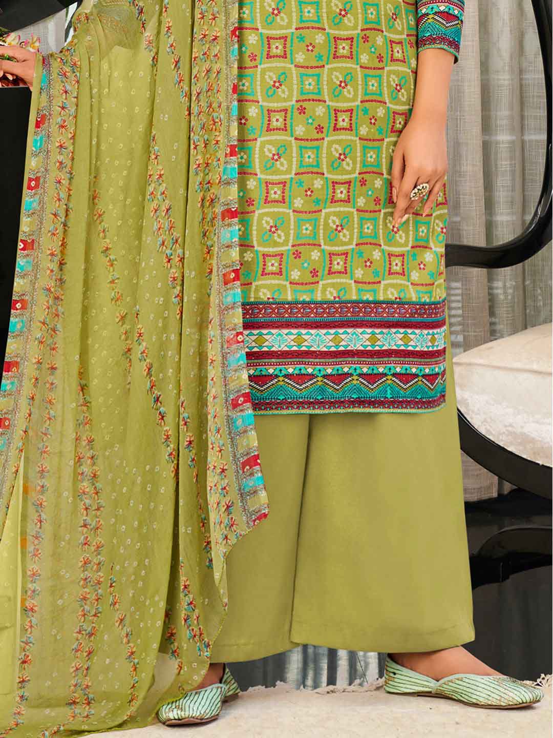 Unstitched Green Cotton Printed Suit Materials for Women with Dupatta - Stilento