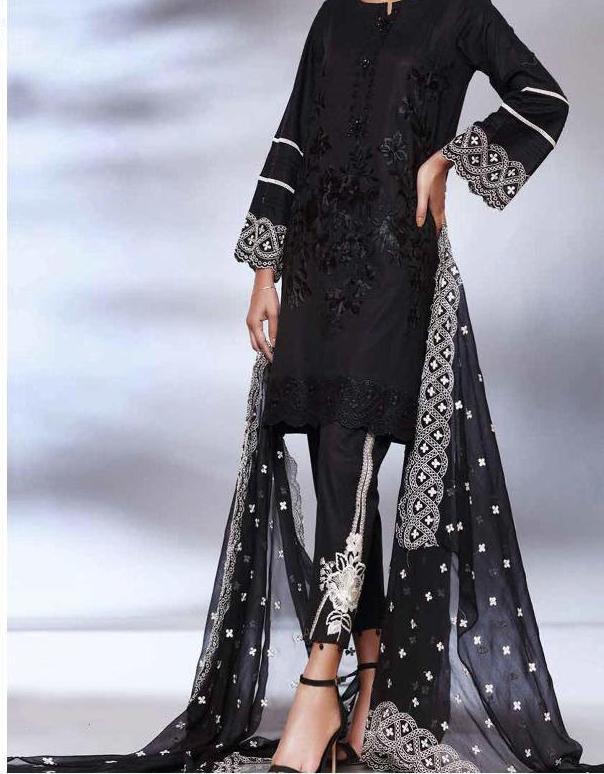 Maria B Style Black Cotton Unstitched Pakistani suits Dress Material for Women - Stilento