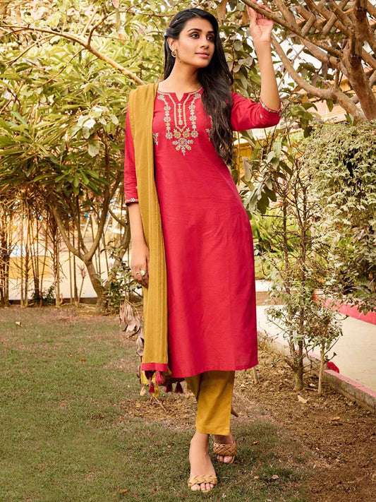 Maroon Cotton Embroidered Readymade Stitched Suit Set - Stilento