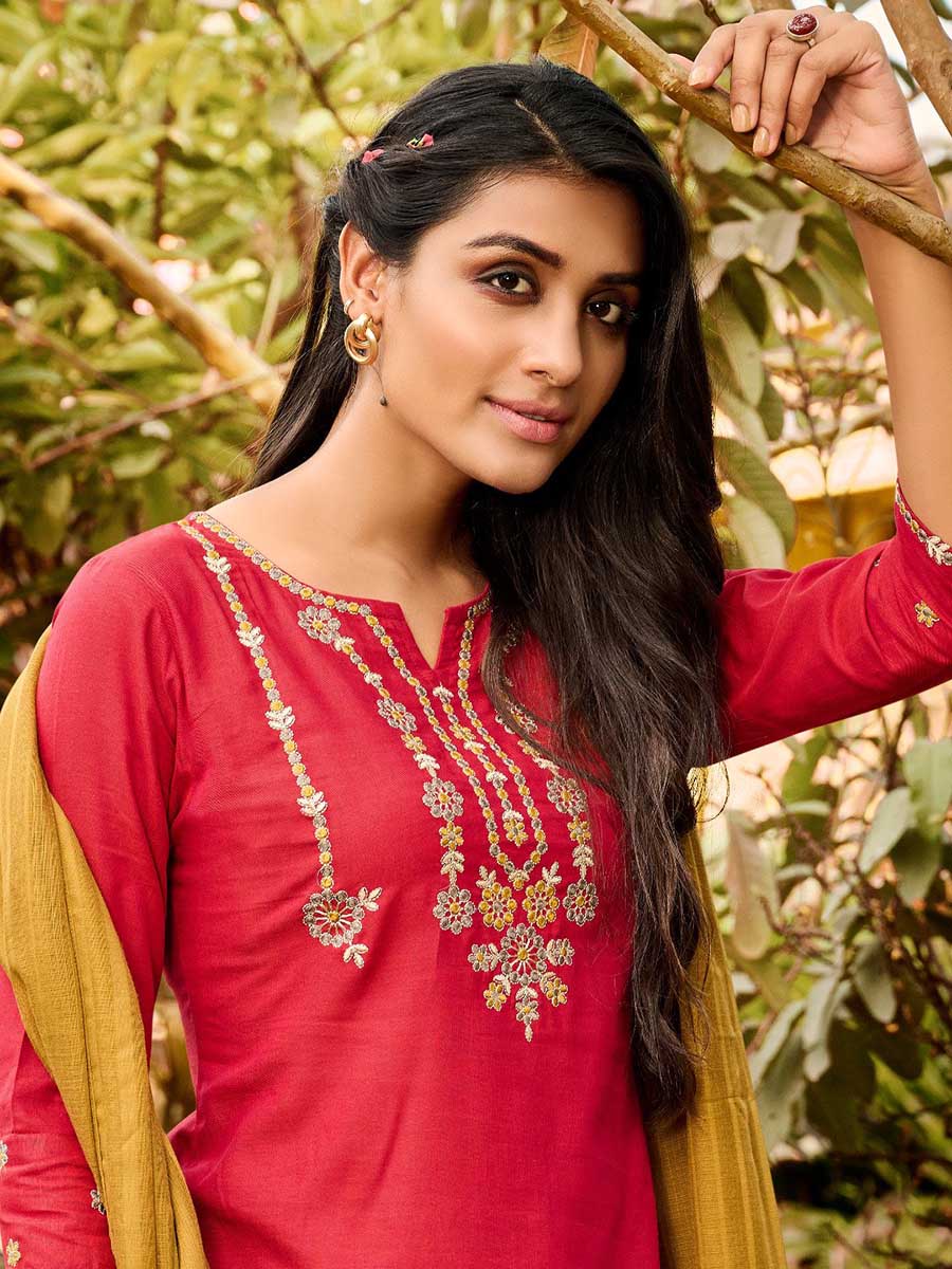 Maroon Cotton Embroidered Readymade Stitched Suit Set