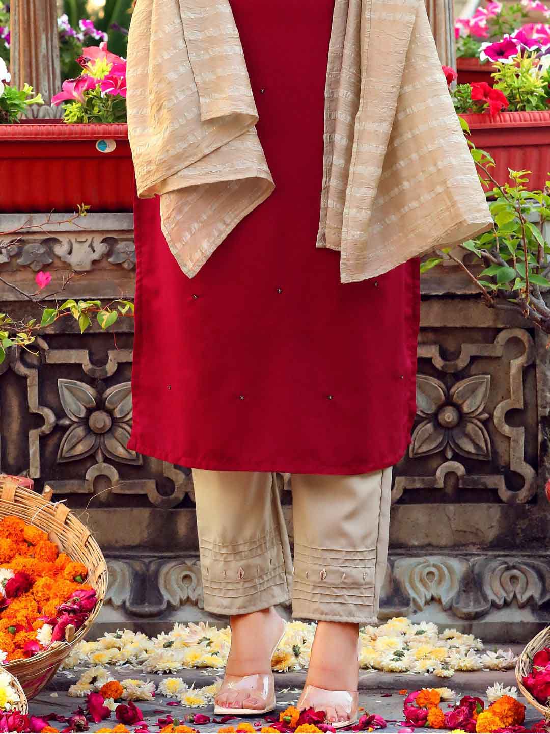 Maroon Cotton Silk Fully Stitched Suit with Banarasi Dupatta - Stilento