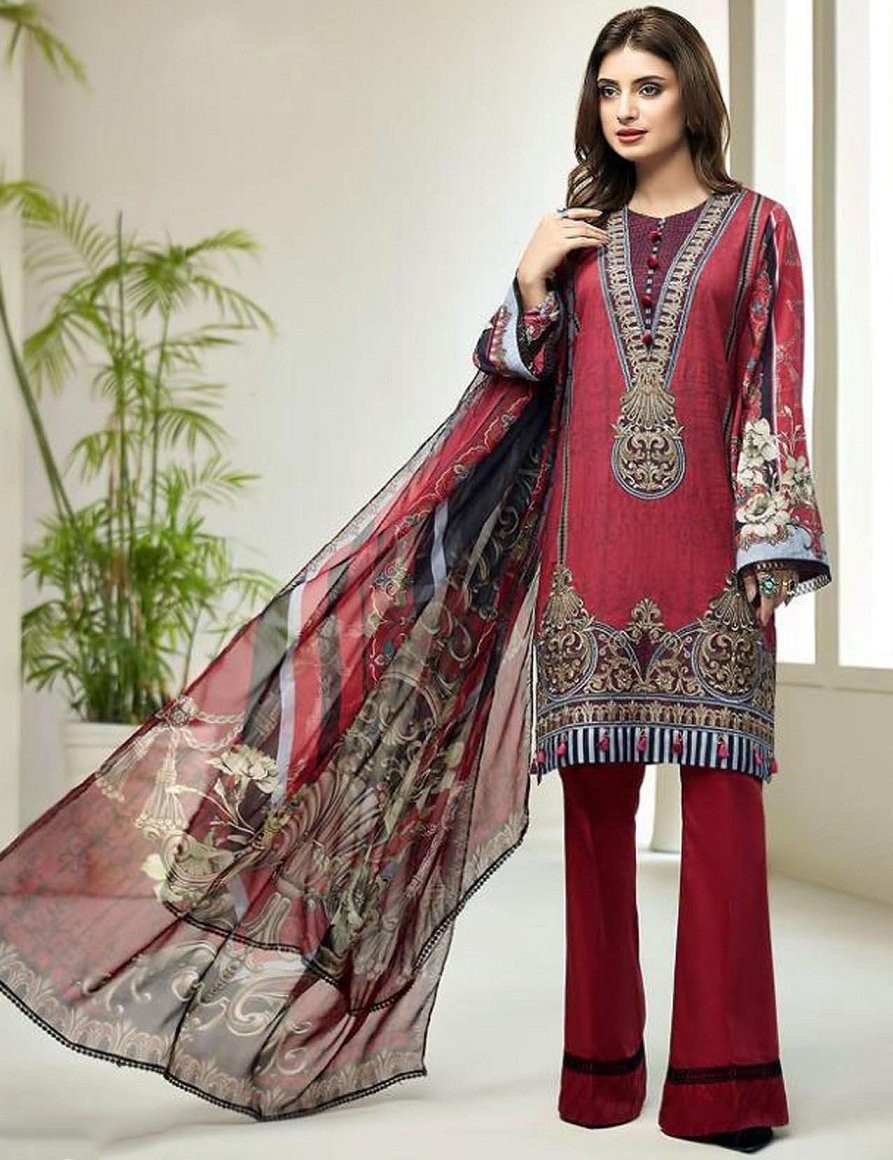 Maroon Pakistani Lawn Cotton Unstitched Salwar Kameez Suit - Stilento