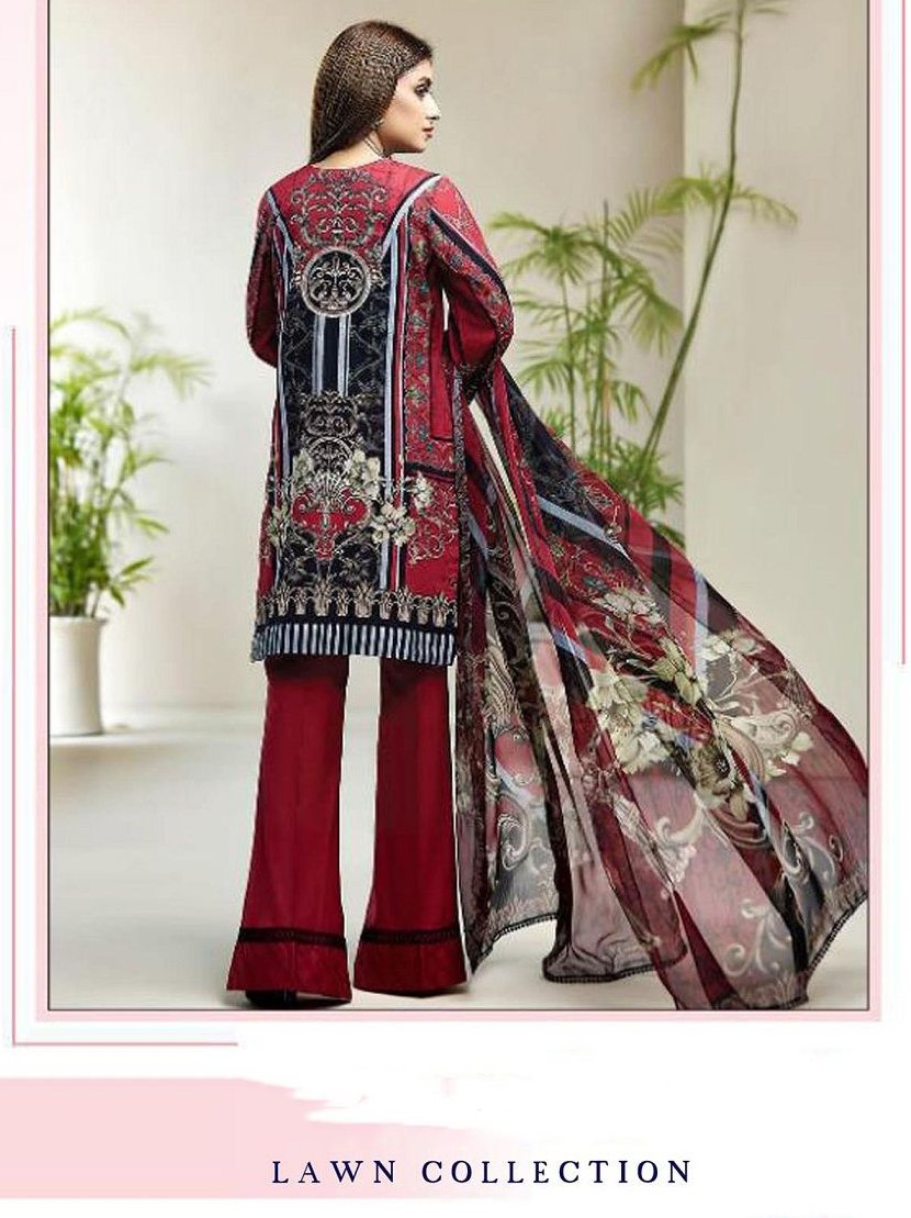 Maroon Pakistani Lawn Cotton Unstitched Salwar Kameez Suit - Stilento