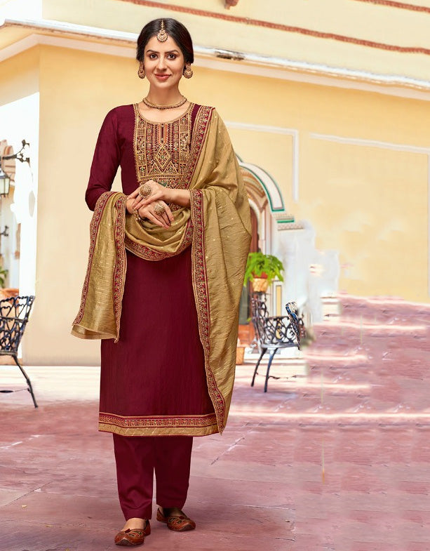 Maroon Pant Style Silk Zari Suit Material With Embroidery Work - Stilento