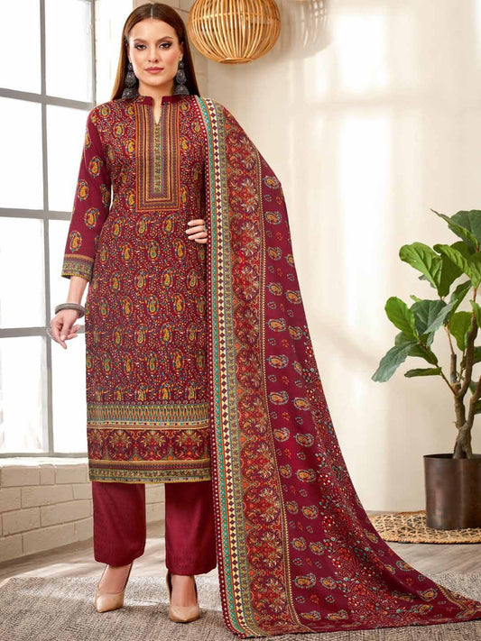 Maroon Printed Spun Pashmina Unstitched Winter Suit