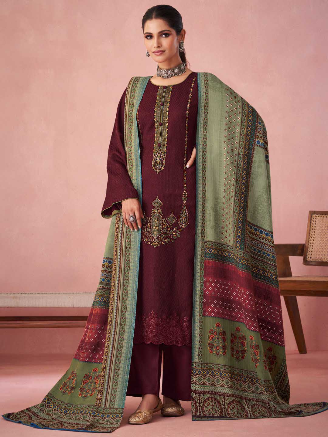 Maroon Pashmina Twill Embroidered Unstitched Winter Suit Set - Stilento