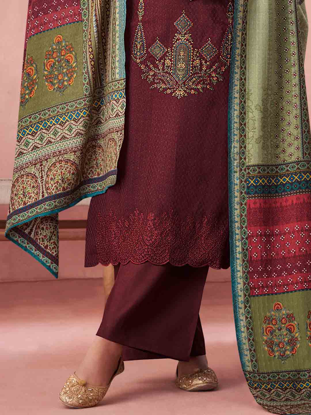 Maroon Pashmina Twill Embroidered Unstitched Winter Suit Set - Stilento