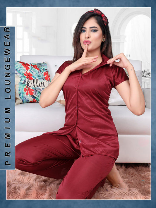 Maroon Satin Night Suit Wear Set for Ladies - Stilento