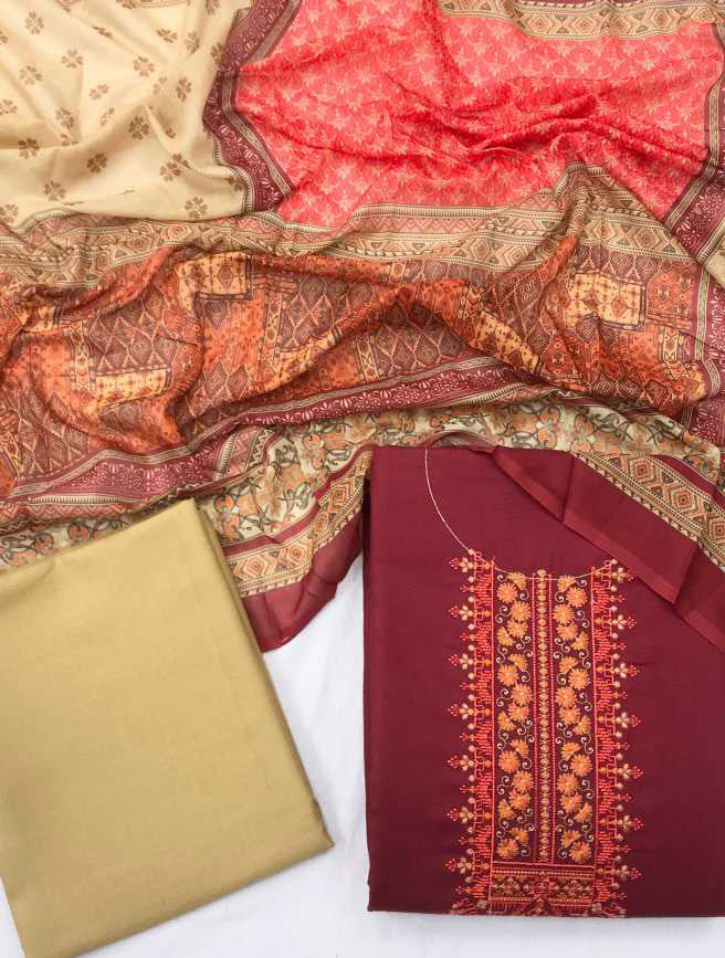 Maroon Unstitched Ethnic Cotton Salwar Suit Dress Material - Stilento