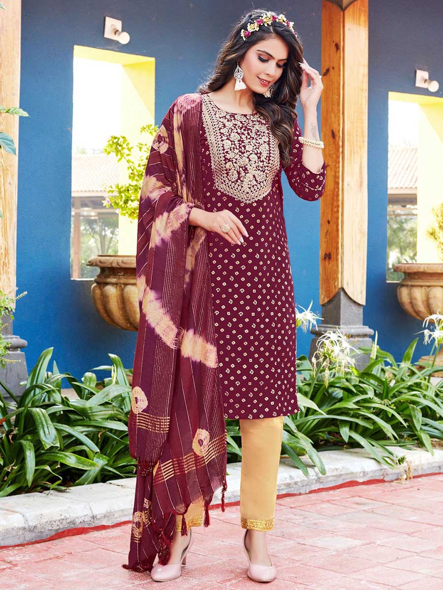 Maroon Viscose Stitched Readymade Suit with Dupatta - Stilento