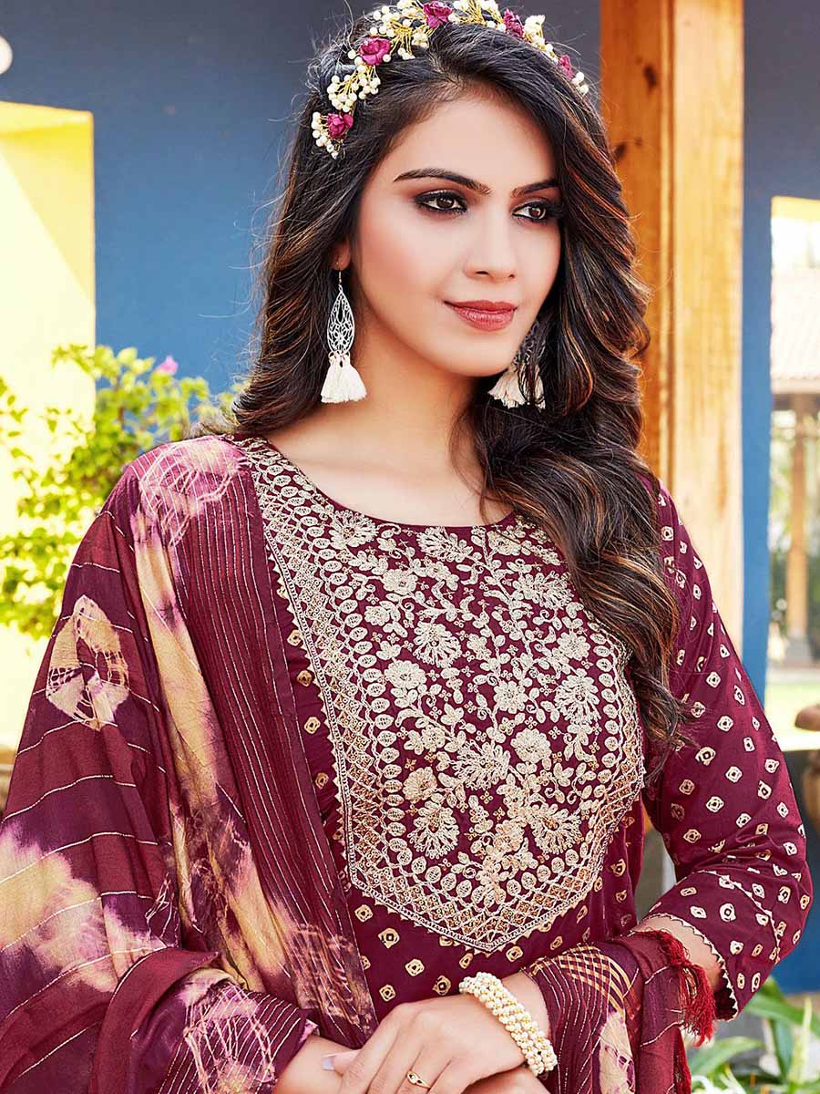 Maroon Viscose Stitched Readymade Suit with Dupatta