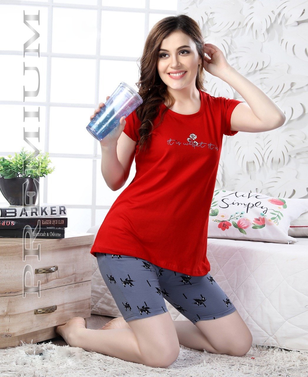 Matching Red Top and Grey Shorts Night Wear Set for Girls - Stilento