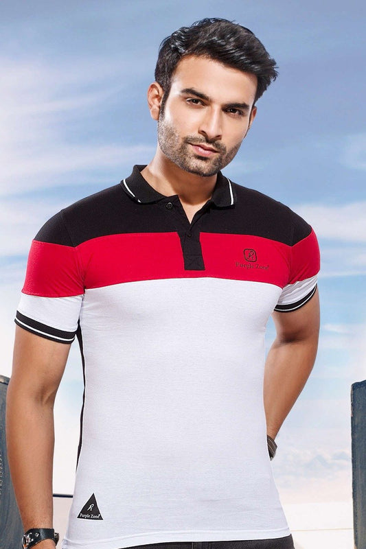 Men's White and Red Cotton T-shirt with Polo collar - Stilento