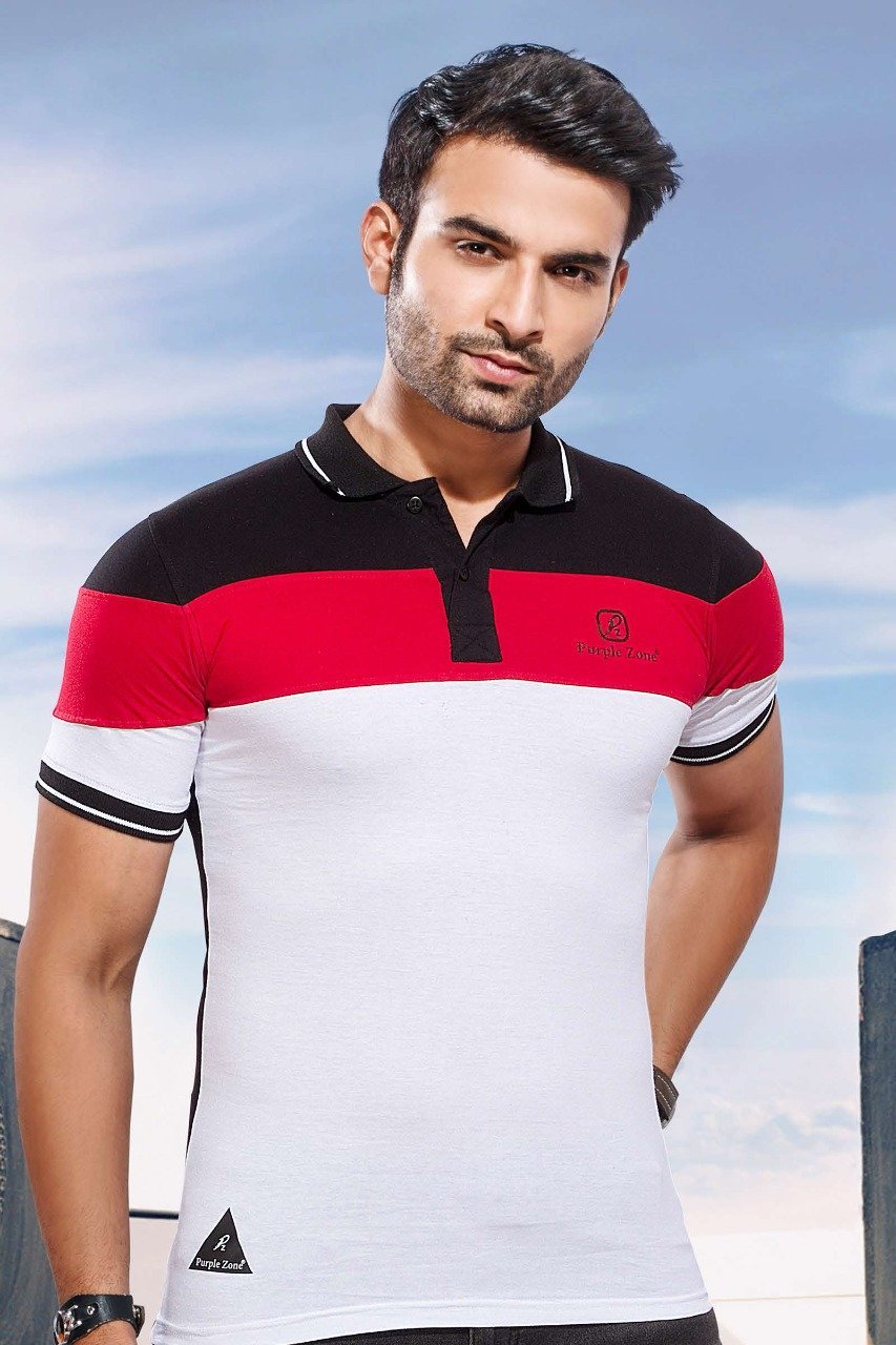 Men's White and Red Cotton T-shirt with Polo collar