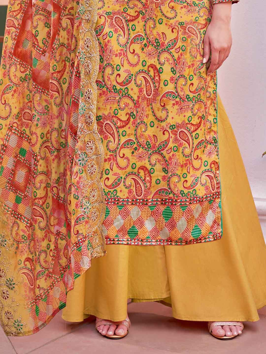 Alok Unstitched Printed Yellow Cotton Salwar Suits Set - Stilento