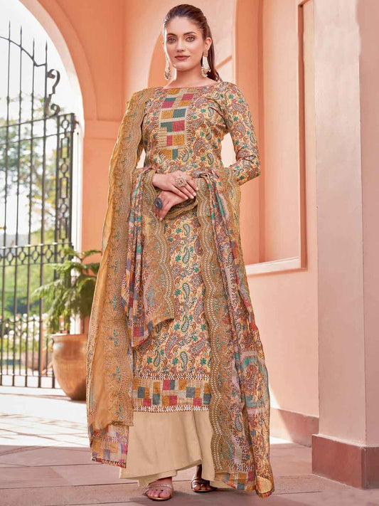 Alok Unstitched Printed Beige Cotton Salwar Suits Set