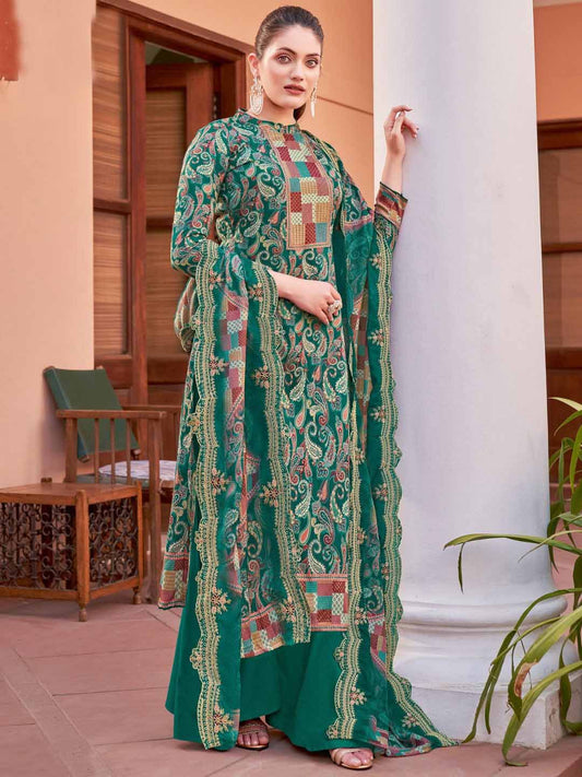 Alok Unstitched Printed Green Cotton Salwar Suits Set